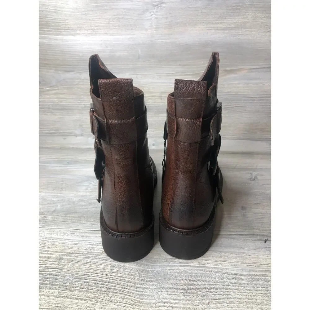 Emanuele Crasto Womens Brown Leather 3 Buckle Italian Moto Biker Boots SZ 39/8.5